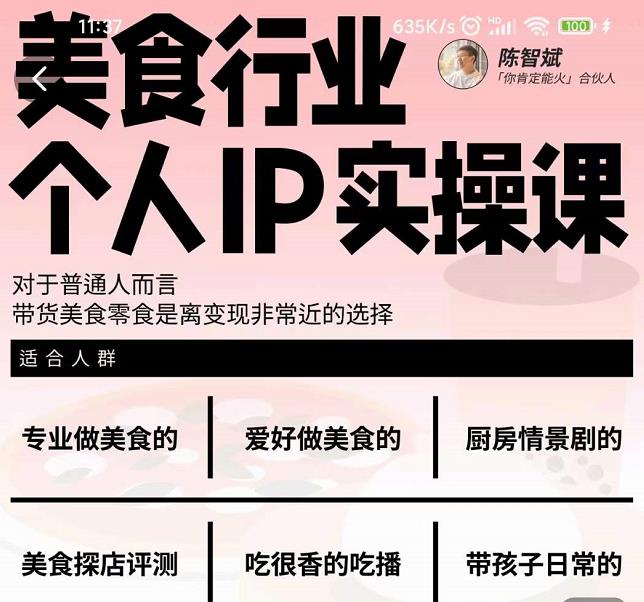 美食行业个人IP实操课，对于普通人而言，带货美食零食是离变现非常近的选择-晟哥学社资源库