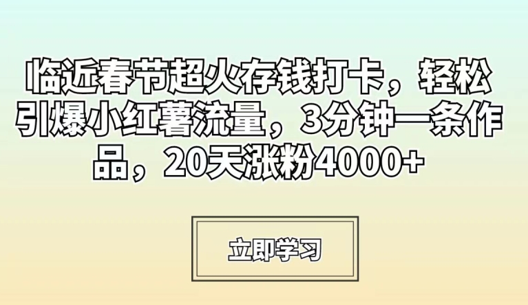 临近春节超火存钱打卡，轻松引爆小红薯流量，3分钟一条作品，20天涨粉4000+【揭秘】-晟哥学社资源库