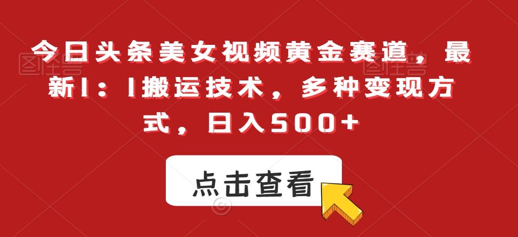 今日头条美女视频黄金赛道，最新1：1搬运技术，多种变现方式，日入500+【揭秘】-晟哥学社资源库