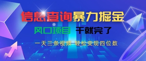 信息查询暴力掘金，一天三条视频，轻松变现四位数，风口项目干就完了【揭秘】-晟哥学社资源库