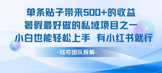 单条贴子带来5张的收益，暑假最好做的私域项目之一，小白也能轻松上手，有小红书就行-晟哥学社资源库