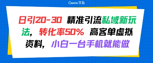 日引 20-30 精准引流私域新玩法，转化率50% 高客单虚拟资料，小白一台手机就能做-晟哥学社资源库