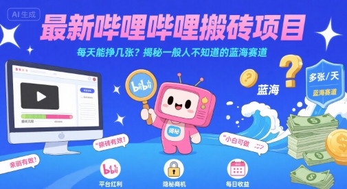 最新哔哩哔哩上B站搬砖项目，每天能挣几张？揭秘一般人不知道的蓝海赛道-晟哥学社资源库