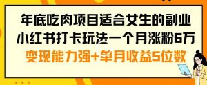 年底吃肉项目适合女生的副业小红书打卡玩法一个月涨粉6万+变现能力强+单月收益5位数【揭秘】-晟哥学社资源库