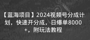 【蓝海项目】2024视频号分成计划,快速开分成,日爆单8000+,附玩法教程-晟哥学社资源库