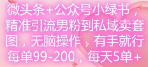 微头条+公众号小绿书，精准引流男粉到私域卖套图，无脑操作，有手就行，每单99-200，每天5单-晟哥学社资源库
